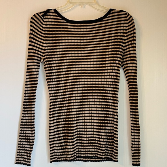 Women’s Ribbed Knit Sweater M Black Tan Grid Check Stretch Long Sleeve NWT $60 - Picture 2 of 5